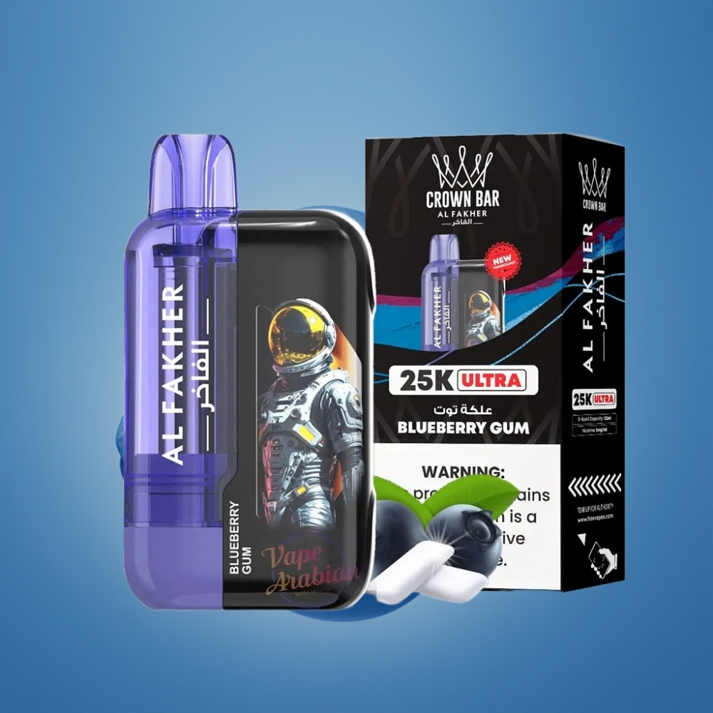 Al Fakher Crown Bar Ultra 25K Disposable Vape Borovnica Žvakača s LED Ekranom i Mesh Coil
