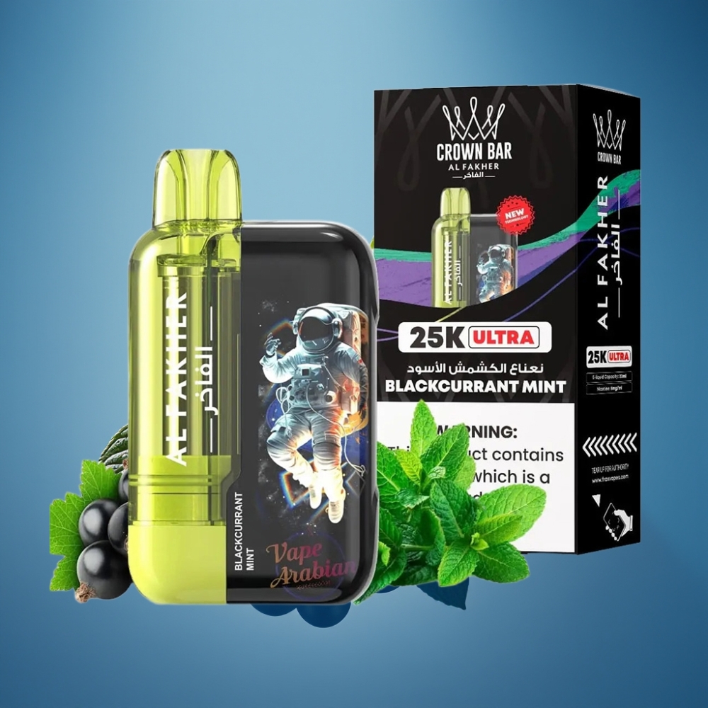 Al Fakher Crown Bar Ultra 25K Jednokratna Vape Crni Ribizl & Metvica s LED Ekranom i Mesh Coil
